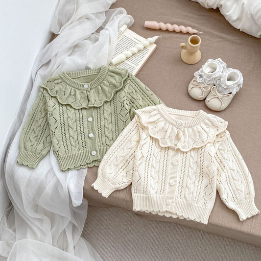 2024 Autumn Baby Girl Solid Color Knitted Sweater All-match Girl's Cotton Yarn Cardigan Lotus Leaf Lapel Long Sleeve Sweater Coat