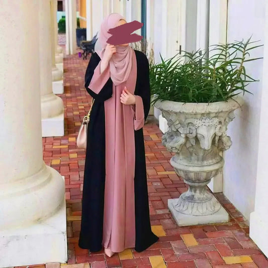 Fashionable Muslim Abaya Cardigan Spliced Two-Piece Suit Dress Long Kaftan Women's Fashion Chinese Mainland Origin