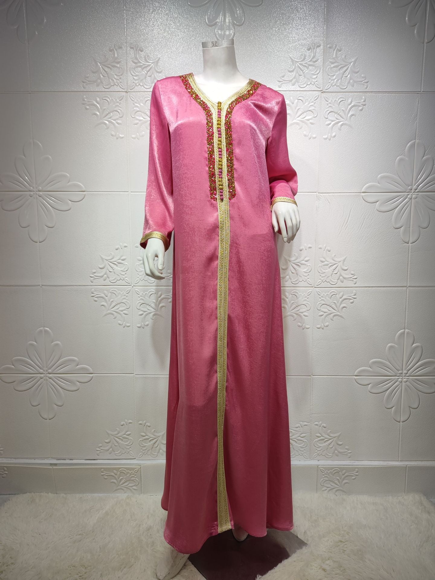 Women's Dress Ironing Diamond Ribbon Lace Abaya Dubai Muslim Fashion Robe