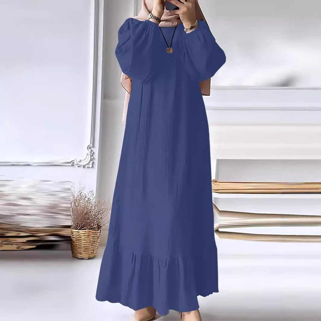 2024 Muslim Women's Robe Spring And Autumn New Fashion Puff Sleeve Vintage Pocket Hem Ruffled Dress