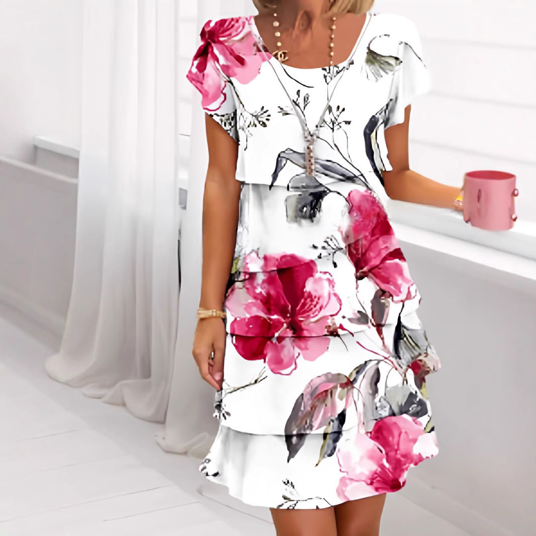 Short Sleeve Round Neck 3D Printing Series Cake Dress