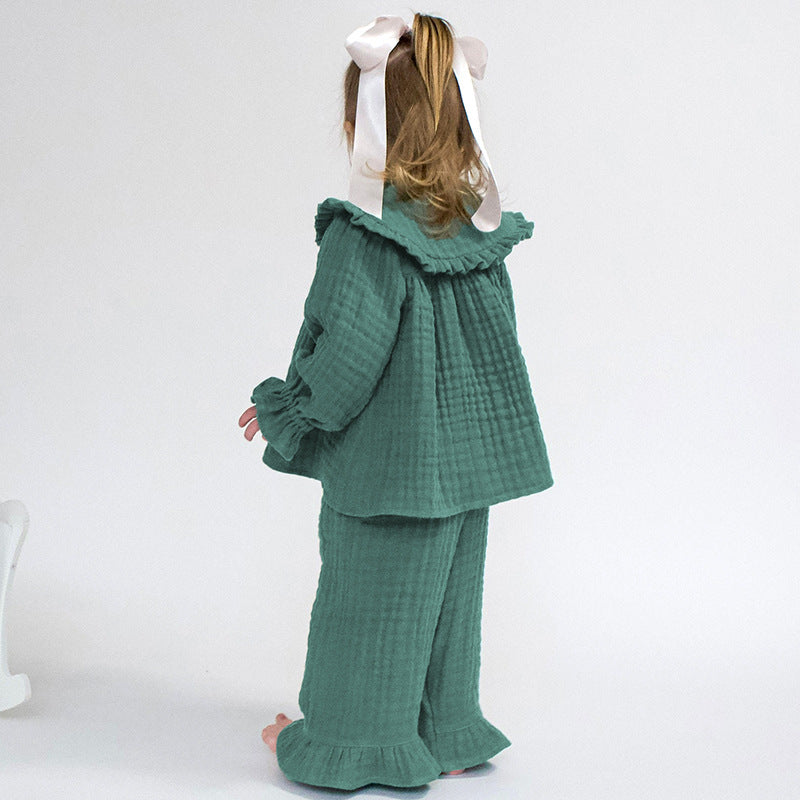 Loose Cute Long-sleeved Two-piece Autumn New Cotton Children's Wear Ruffled Crewneck Top Lace Trousers