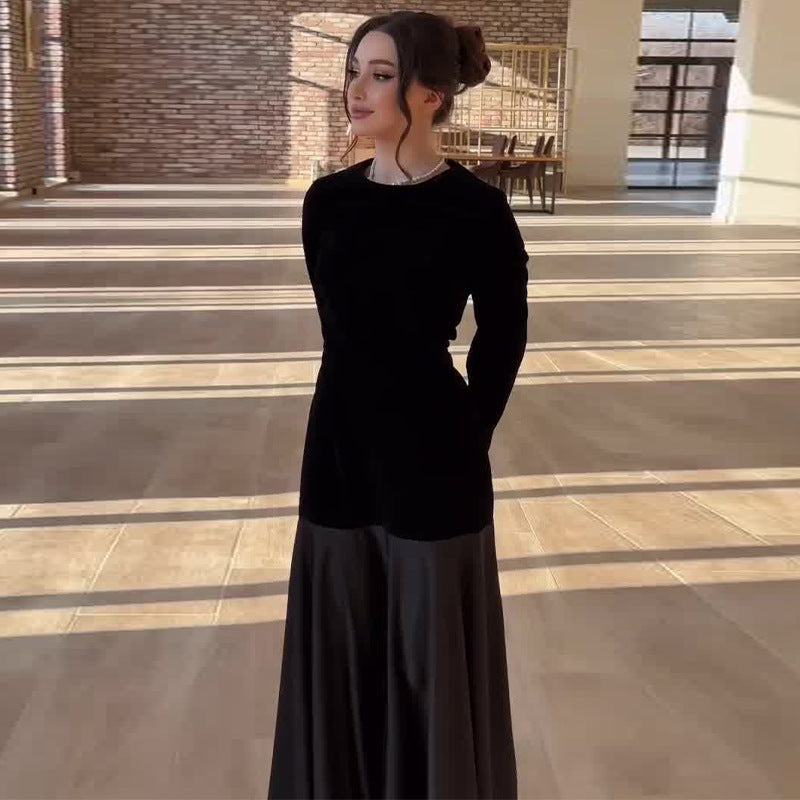 Autumn 2024 New European And American Cross-border Amazon Cross-border Women's Crewneck Contrast Velvet Stitching Fake Two-piece Long Dress