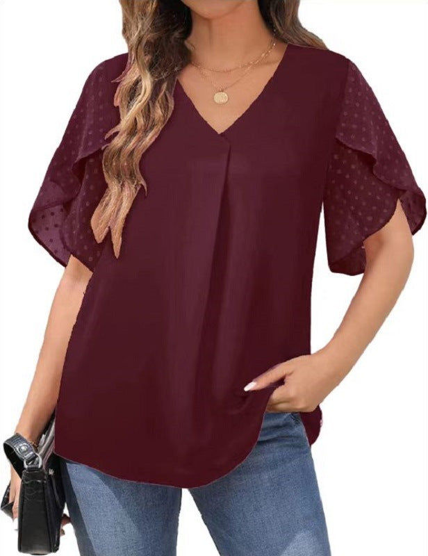Europe And The United States V-neck Petal Sleeve Stitching Casual Short Sleeve Loose Chiffon Shirt Top