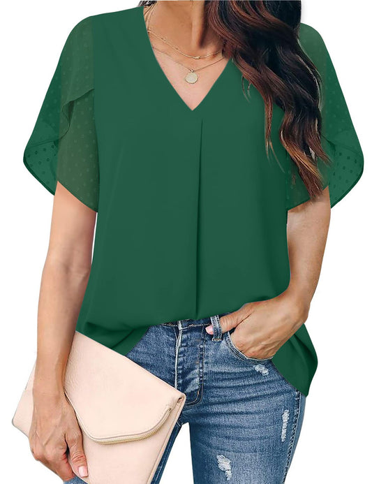 Europe And The United States V-neck Petal Sleeve Stitching Casual Short Sleeve Loose Chiffon Shirt Top