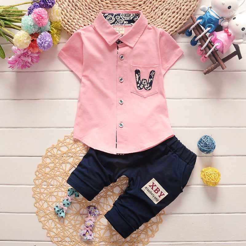 Korean Version Of 1-4 Years Old Children's Clothing Baby Children's Summer Two-piece Suit Boy's Suit Cotton Children's Short-sleeved Shirt Children's Suit Tide