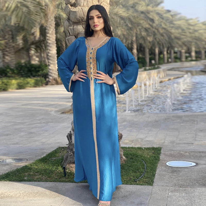 Women's Dress Ironing Diamond Ribbon Lace Abaya Dubai Muslim Fashion Robe