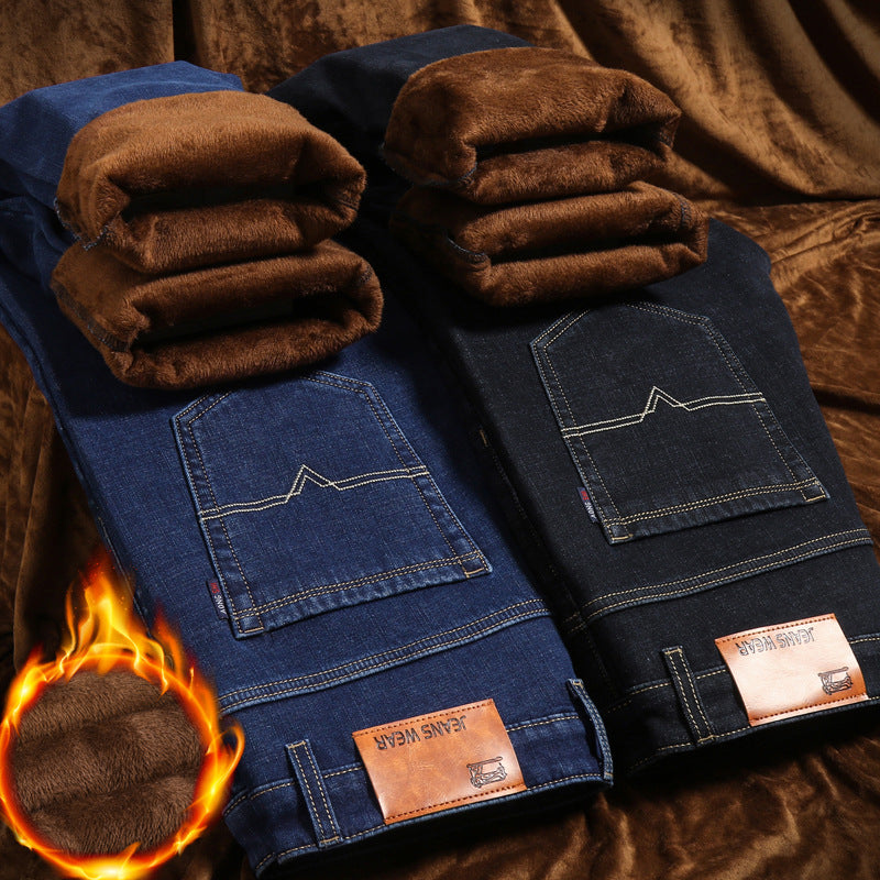 Wholesale Winter Plus Velvet Cold-proof Jeans Men's Thickened Straight Korean Version Of The Elastic Warm Casual Cow Men's Velvet Cotton Trousers