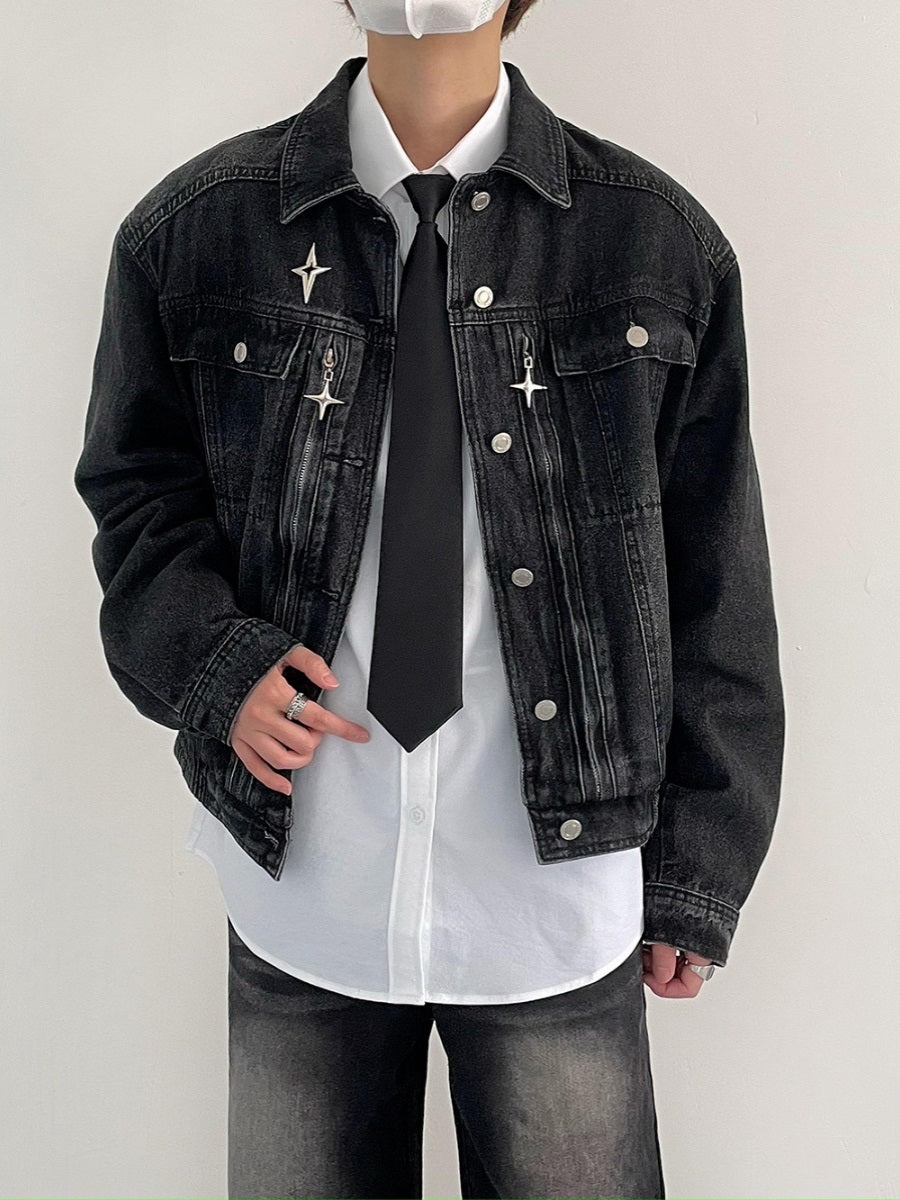 Niche Metal Shoulder Pad Denim Jacket Men's Loose Spring And Autumn Washed Distressed Retro Short Jacket Handsome Trendy Brand