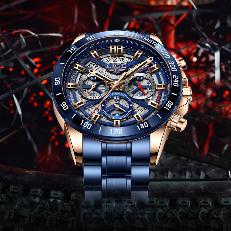 LIGE Dedicated Men's Quartz Watch Hollow New Concept Watch Multi-functional Waterproof Watch