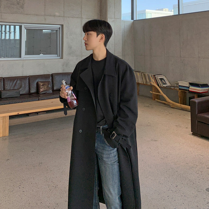 MYQ Autumn New Mid-length Windbreaker Men's Korean-style Trendy Over-the-knee Loose Handsome Coat British Style Coat
