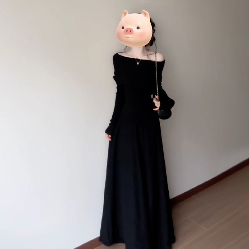 One-shoulder Black Knitted Dress For Women In Early Spring 2025 New Waist-pinching Little Black Skirt Spring Outfit Set