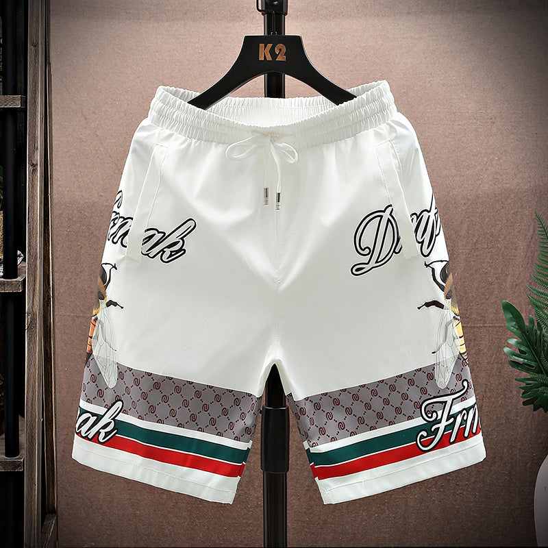 Men's Shorts Summer Fashion Brand European Printed Straight Casual Cropped Pants Trendy Ice Silk Beach Pants Loose Pants