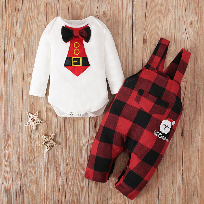 Men's And Children's European And American Spring And Autumn Long Sleeve Tie Top + Plaid Suspender Pants Two-Piece Children's Wear Ins