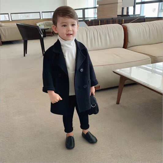 Boys' Autumn And Winter Woolen Coat 2023 New Korean Style Children's Plaid Suit Cardigan Baby Boys' Fashionable Coat