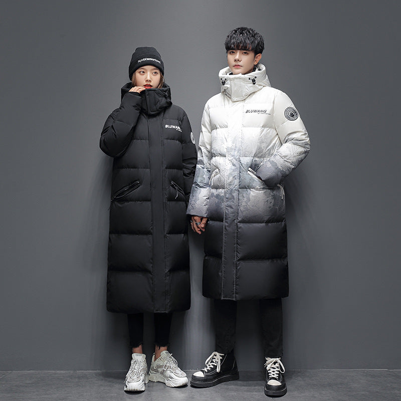 Couples Down Jacket Men's Long Section Over The Knee Thickened Winter Hooded Trend Loose Youth Men's And Women's Same Style Trendy Brand Jacket