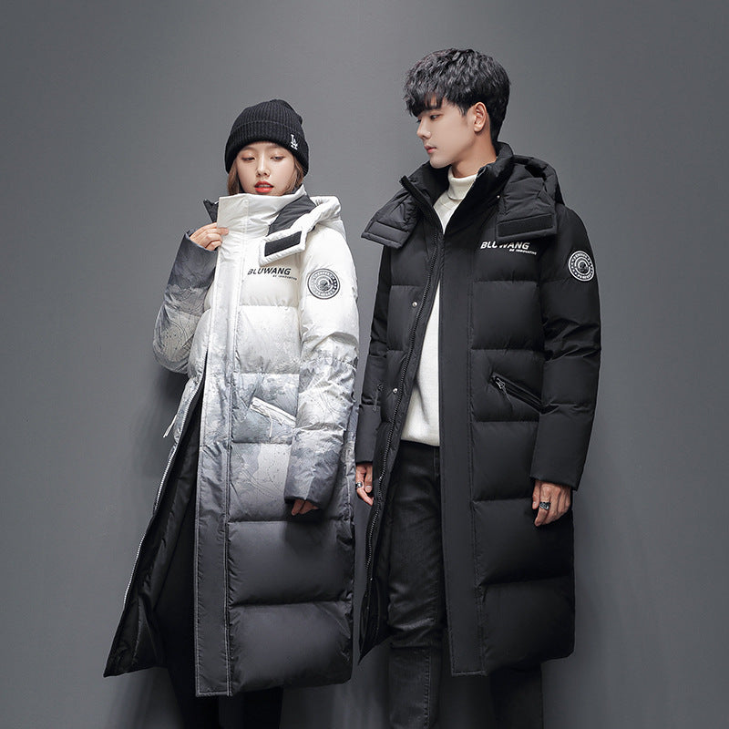 Couples Down Jacket Men's Long Section Over The Knee Thickened Winter Hooded Trend Loose Youth Men's And Women's Same Style Trendy Brand Jacket