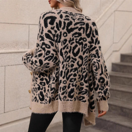 Amazon Explosions Leopard Print Knitwear Cross-border European And American Women's Cardigan Sweater Plus Size Loose Coat Plush Top