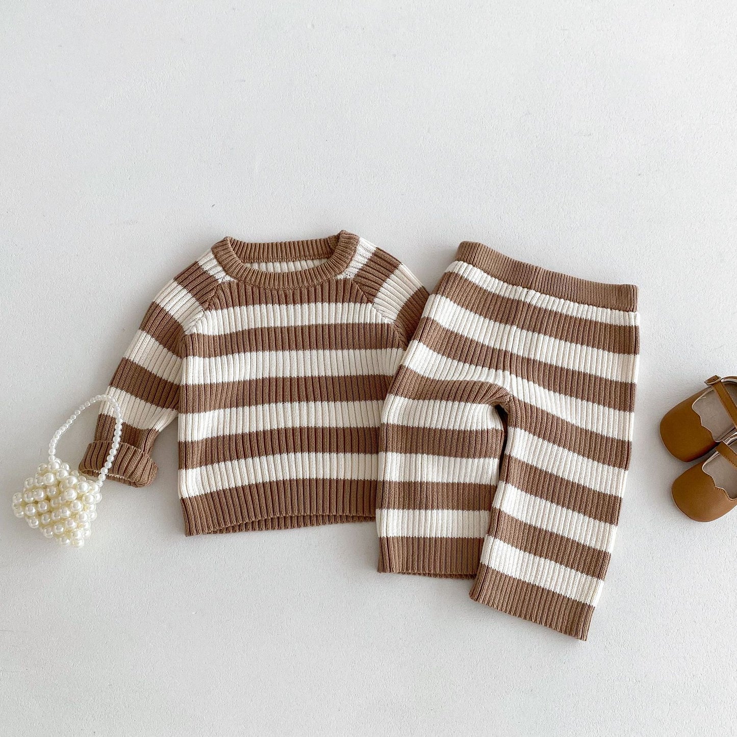 2024 Autumn Clothing Korean Children's Clothing Sweater Striped Long Sleeve Pullover Men's And Women's Baby Pants Autumn And Winter Sweater Suit