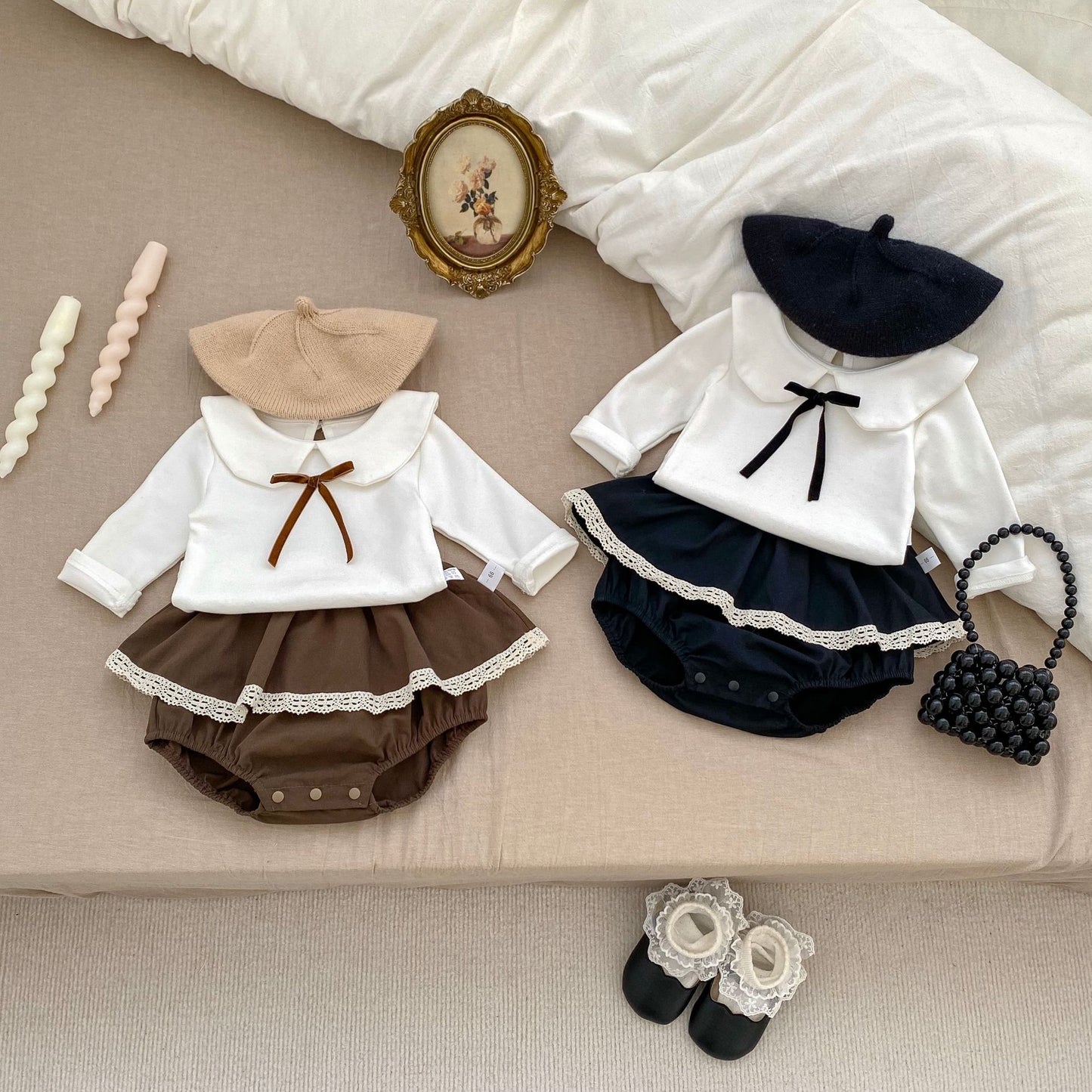 Korean-style Baby Clothes Autumn Baby Girl 1-3 Years Old Doll Collar Long-sleeved Top Lace Culottes Contrast Two-piece Set
