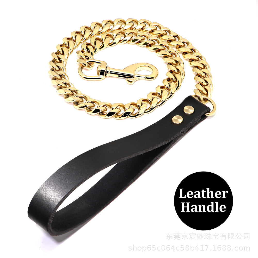 19MM Six-sided Grinding Stainless Steel Gold Traction Dog Chain Collar Collar Dog Leash Medium And Large Dog Leash