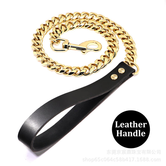 19MM Six-sided Grinding Stainless Steel Gold Traction Dog Chain Collar Collar Dog Leash Medium And Large Dog Leash