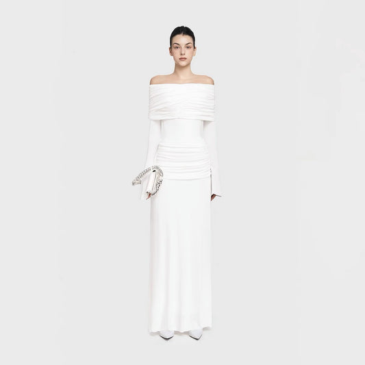 Vietnam Niche Design 2025 SS Solid Color Knitted Shoulder Long Sleeve Pleated Long Dress Dress