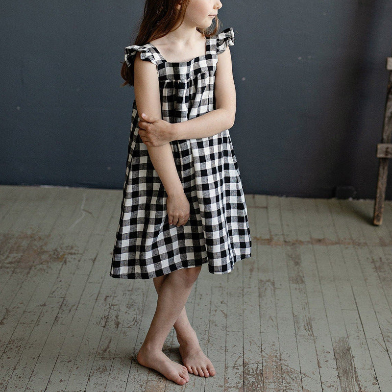 Summer New Style Linen Cotton Breathable Sleeveless Vest Dress For Baby Girls Fashion Contrast Color Plaid Square Collar Dress Children's Wear