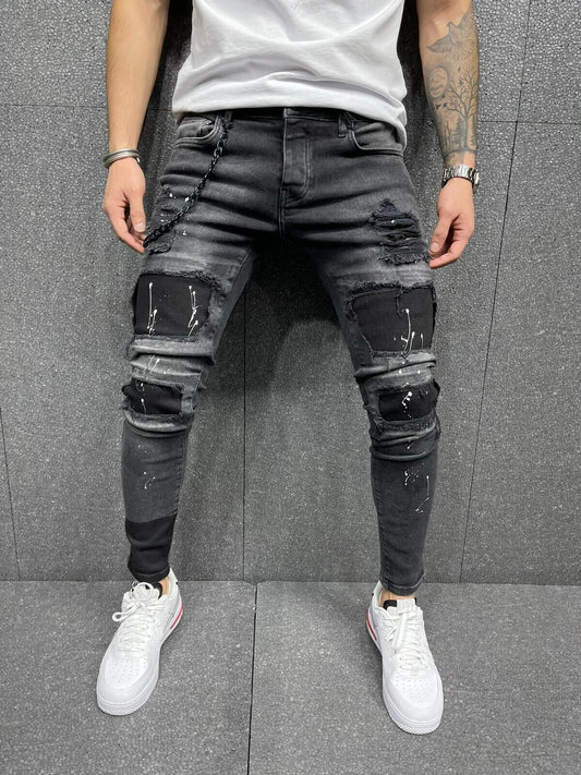 European And American Men's Hole Printed Jeans Amazon Number Selling Paste Stretch Small Feet Jeans New