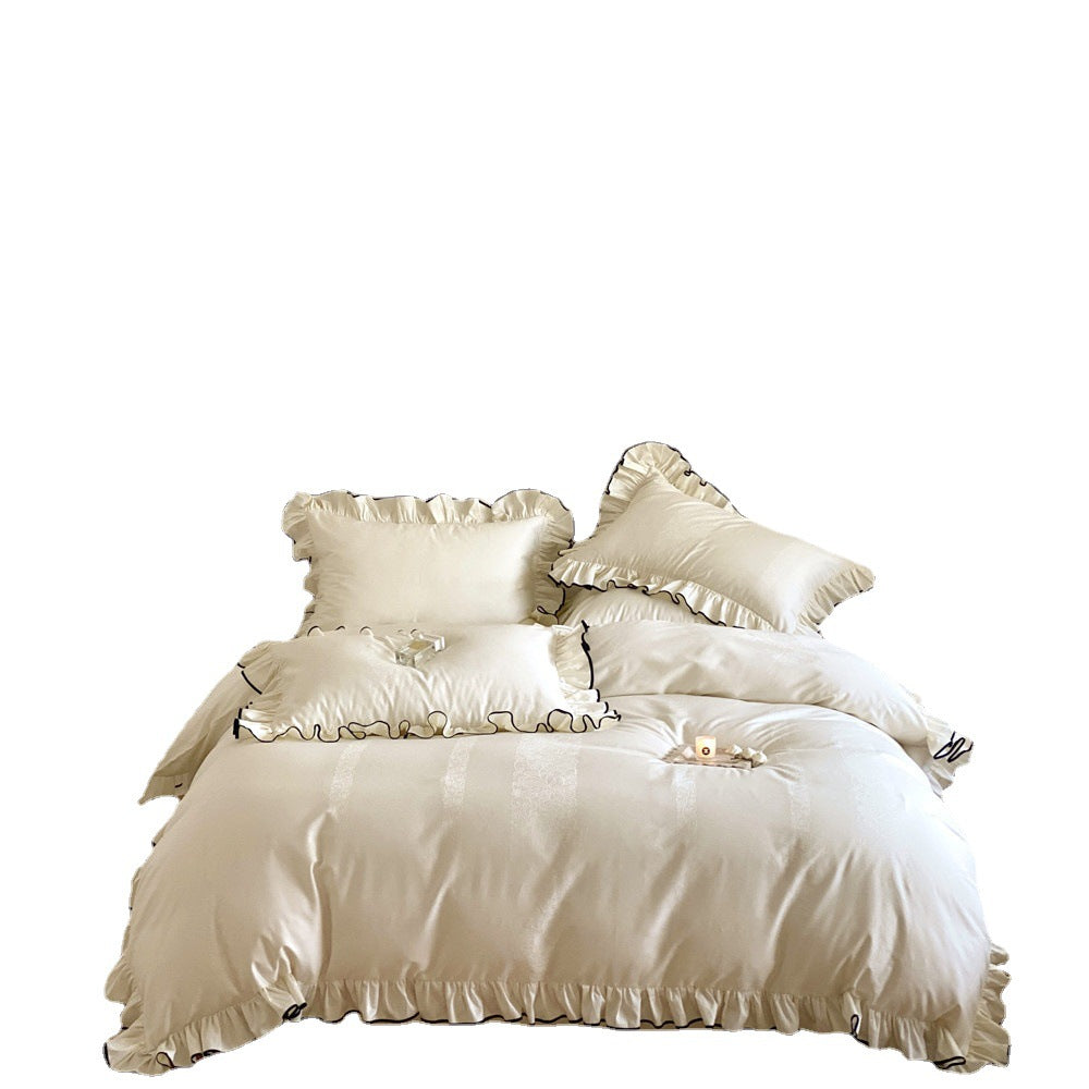 French-style 100-count Long-staple Cotton Four-piece Set Pure Cotton Jacquard Quilt Cover Girl Lotus Leaf Edge Solid Color Bed Sheet Bedding