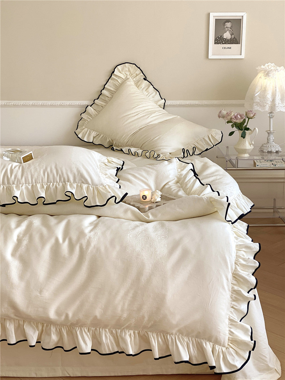 French-style 100-count Long-staple Cotton Four-piece Set Pure Cotton Jacquard Quilt Cover Girl Lotus Leaf Edge Solid Color Bed Sheet Bedding
