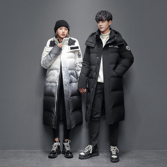 Couples Down Jacket Men's Long Section Over The Knee Thickened Winter Hooded Trend Loose Youth Men's And Women's Same Style Trendy Brand Jacket