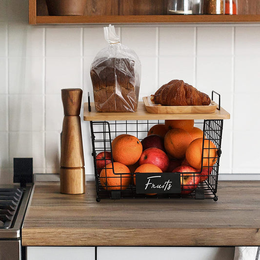 Kitchen Wooden Fruit Basket Removable Countertop Storage Rack Snacks Seasonings Vegetable Storage Basket