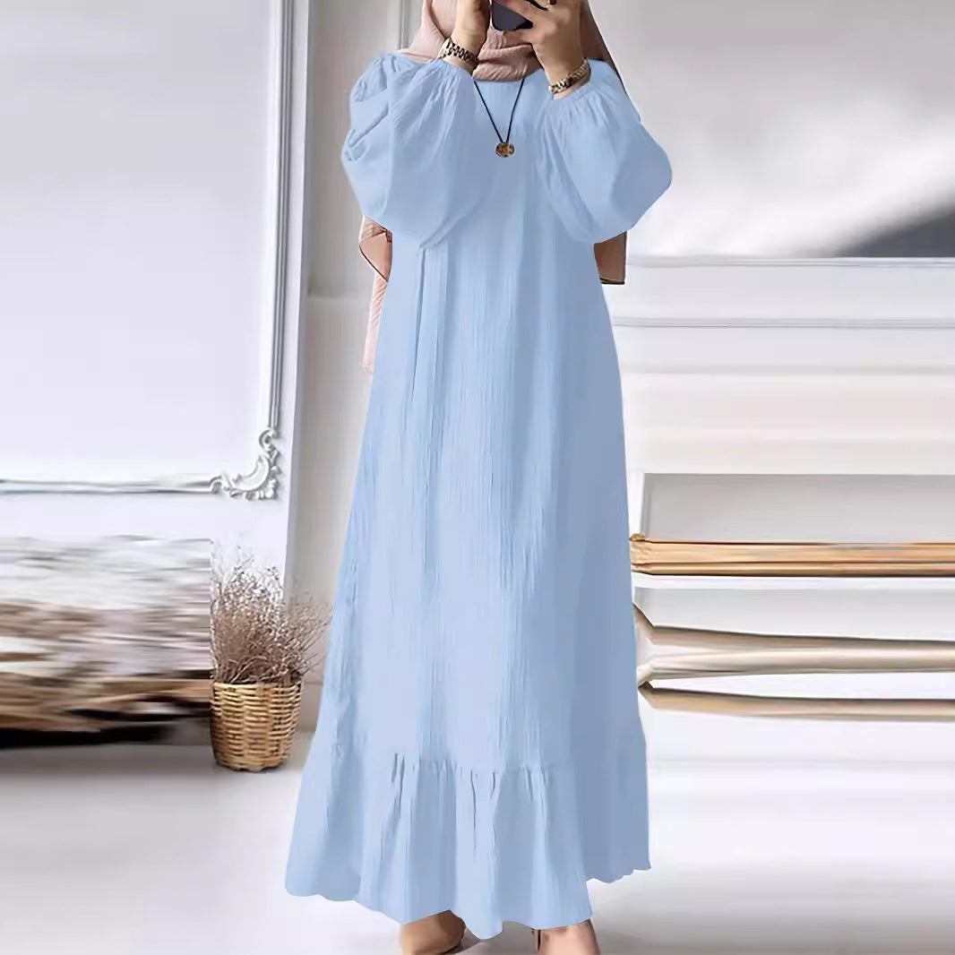 2024 Muslim Women's Robe Spring And Autumn New Fashion Puff Sleeve Vintage Pocket Hem Ruffled Dress