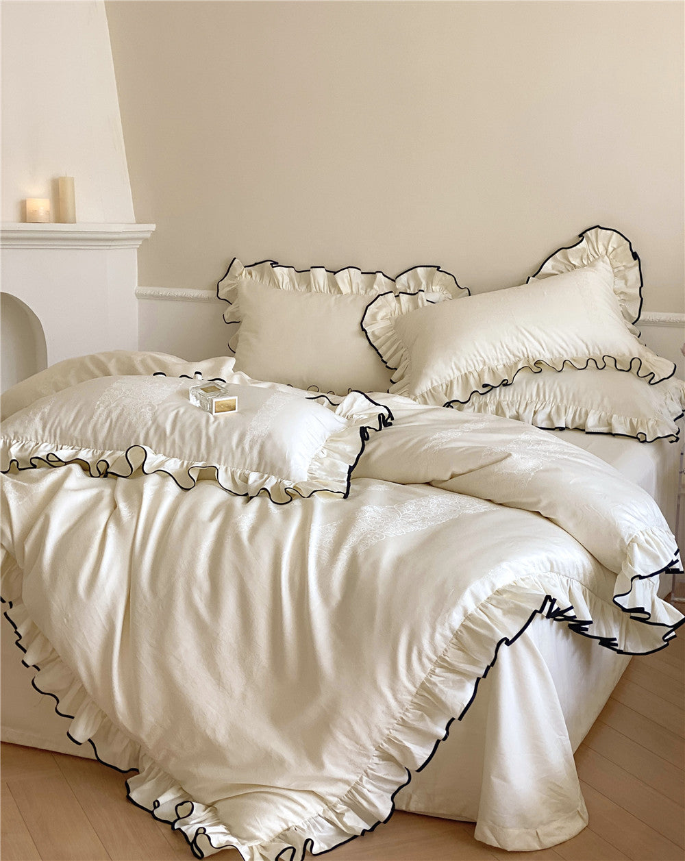 French-style 100-count Long-staple Cotton Four-piece Set Pure Cotton Jacquard Quilt Cover Girl Lotus Leaf Edge Solid Color Bed Sheet Bedding
