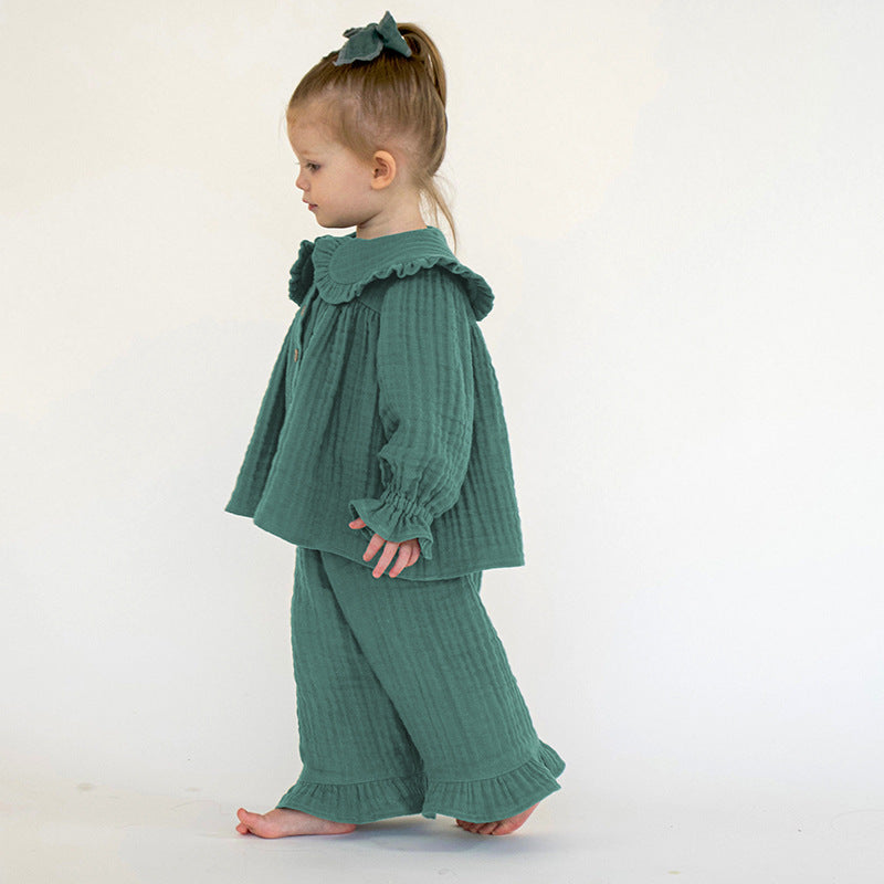 Loose Cute Long-sleeved Two-piece Autumn New Cotton Children's Wear Ruffled Crewneck Top Lace Trousers