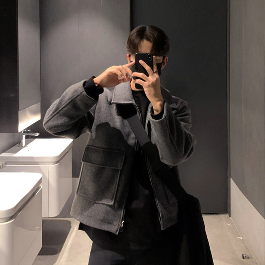 Woolen Coat Men's Autumn And Winter New Youth Loose Thickened Jacket Zipper Lapel Korean Style Top