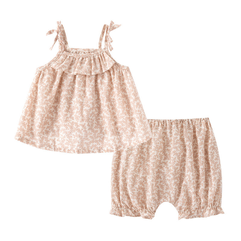 Girls' Suit Summer Girls' Fashionable Western Style Summer Dress 0-3 Years Old New Children's Suit Girls' Sling Shirt