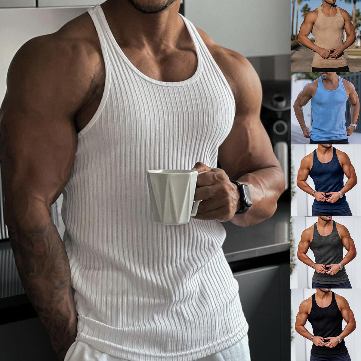 Summer Knitted Vertical Stripe Fitness Sports Self-cultivation Vest Men's I-shaped Vest