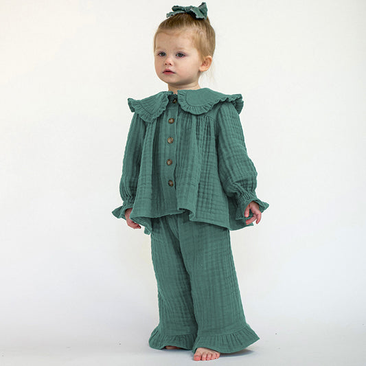 Loose Cute Long-sleeved Two-piece Autumn New Cotton Children's Wear Ruffled Crewneck Top Lace Trousers
