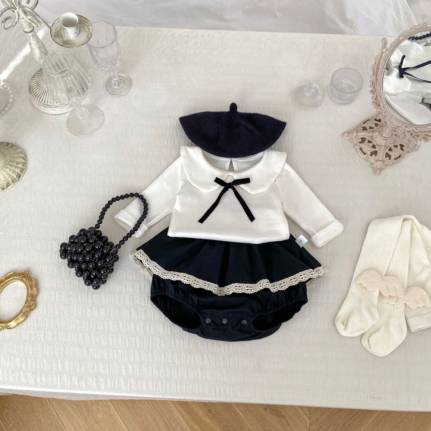 Korean-style Baby Clothes Autumn Baby Girl 1-3 Years Old Doll Collar Long-sleeved Top Lace Culottes Contrast Two-piece Set