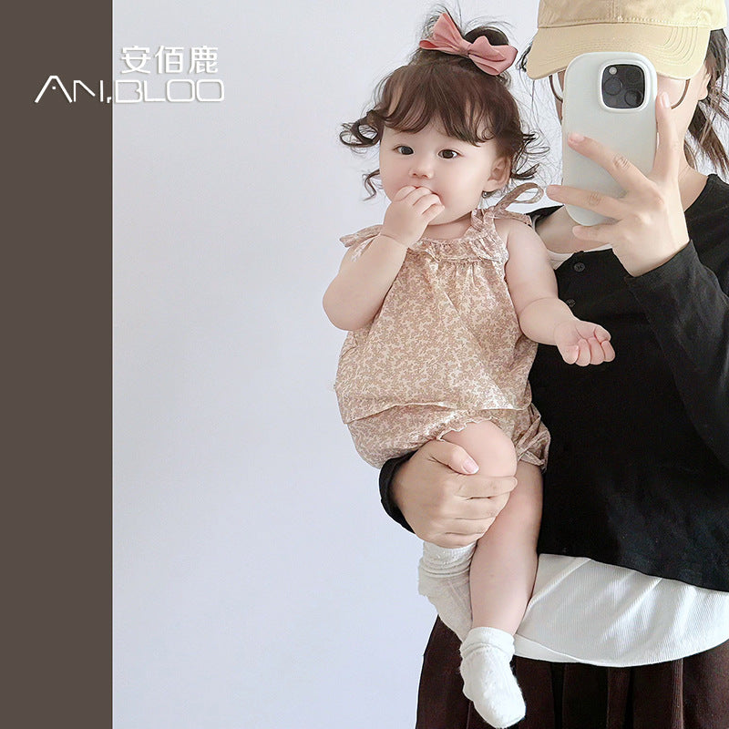 Girls' Suit Summer Girls' Fashionable Western Style Summer Dress 0-3 Years Old New Children's Suit Girls' Sling Shirt