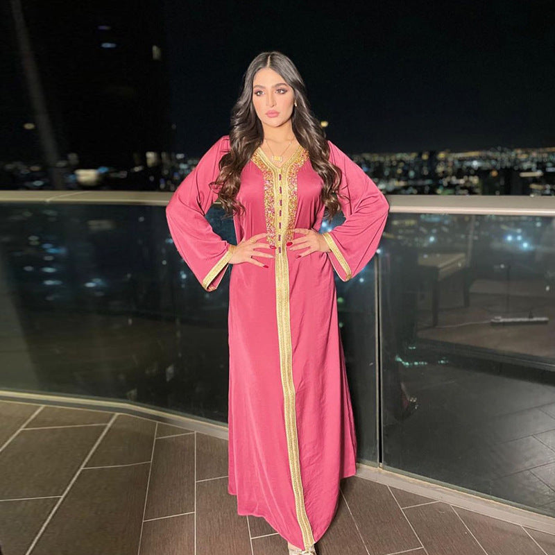 Women's Dress Ironing Diamond Ribbon Lace Abaya Dubai Muslim Fashion Robe