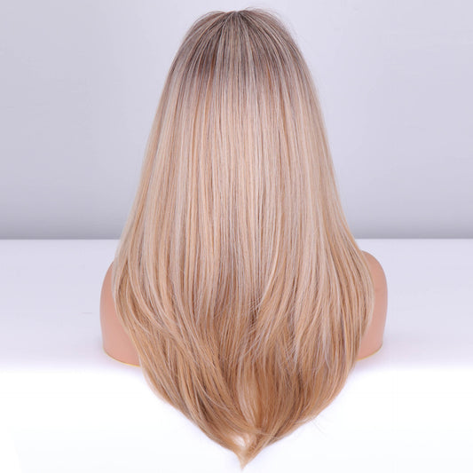 Wig Mid-length Straight Hair Natural Curved Hair Mixed Color Dyed Golden Bangs Short Blonde Female Wig