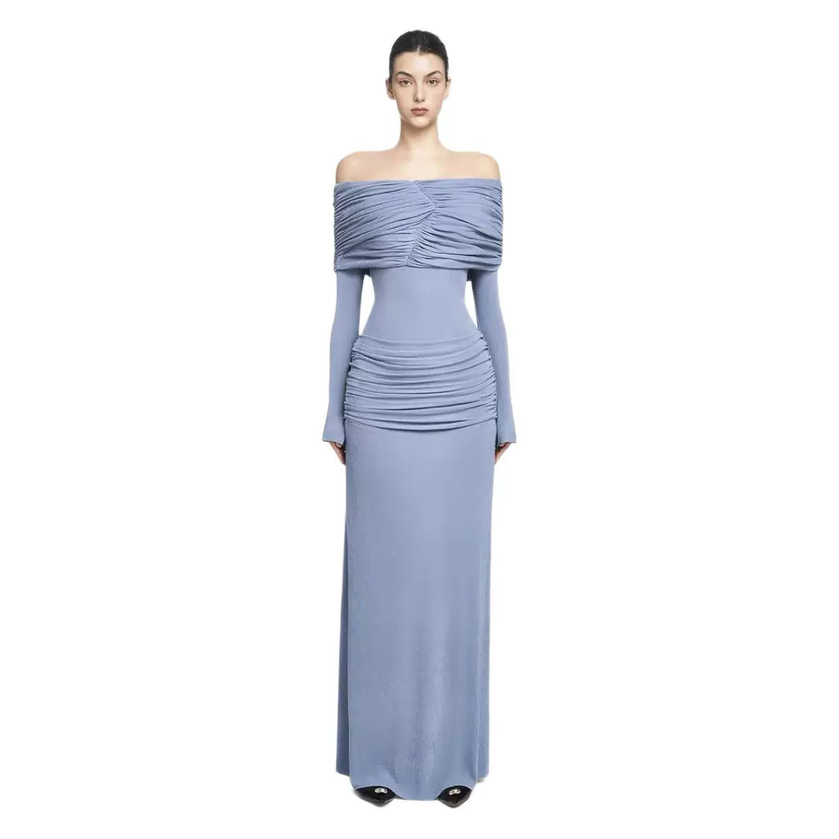 Vietnam Niche Design 2025 SS Solid Color Knitted Shoulder Long Sleeve Pleated Long Dress Dress