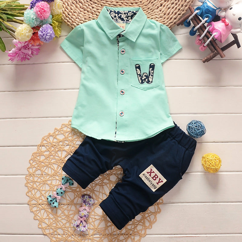 Korean Version Of 1-4 Years Old Children's Clothing Baby Children's Summer Two-piece Suit Boy's Suit Cotton Children's Short-sleeved Shirt Children's Suit Tide