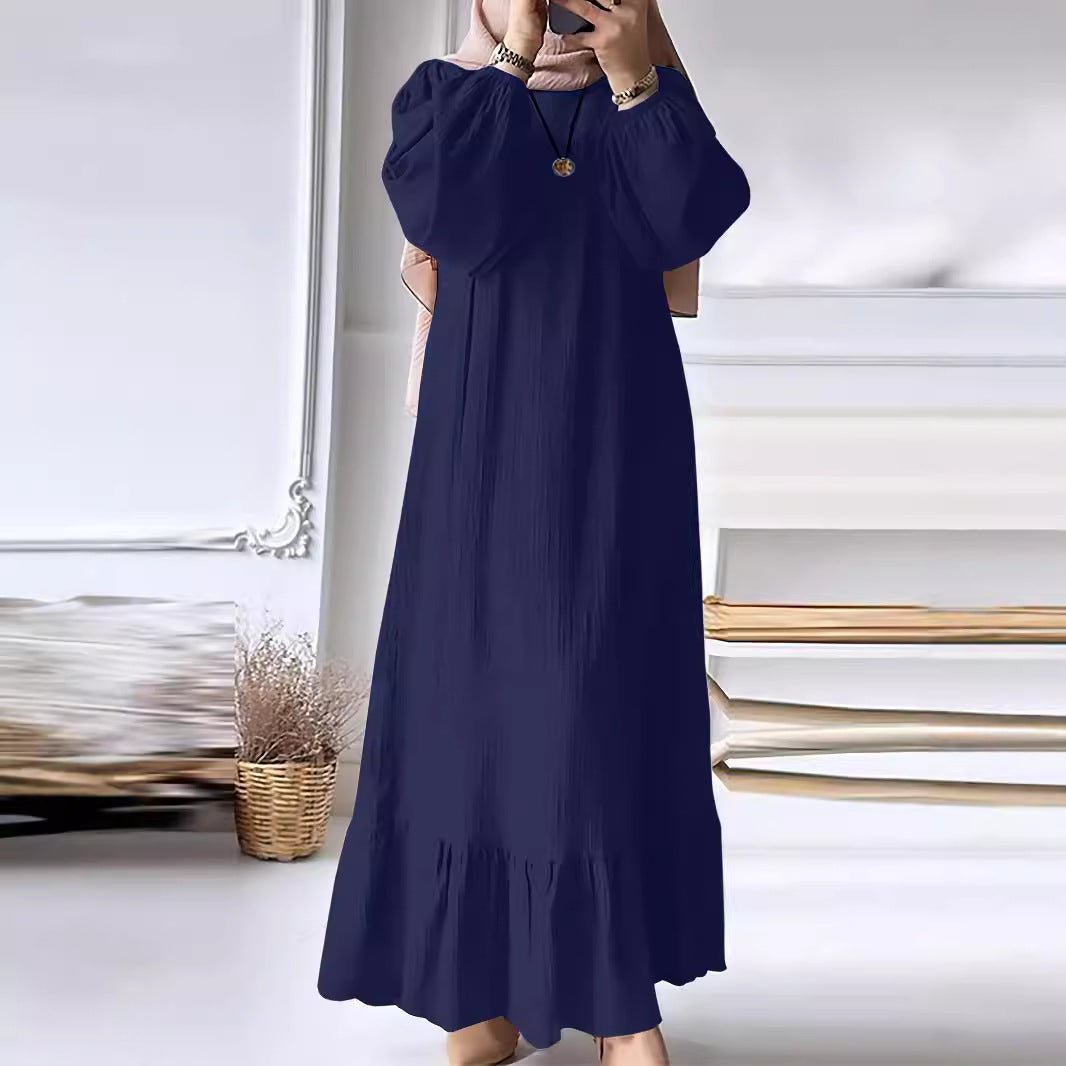 2024 Muslim Women's Robe Spring And Autumn New Fashion Puff Sleeve Vintage Pocket Hem Ruffled Dress