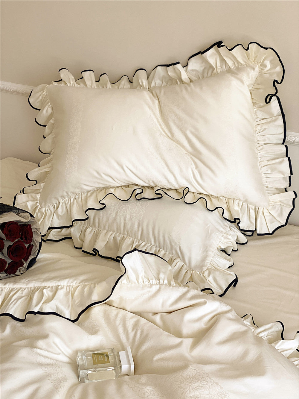 French-style 100-count Long-staple Cotton Four-piece Set Pure Cotton Jacquard Quilt Cover Girl Lotus Leaf Edge Solid Color Bed Sheet Bedding