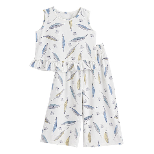 Bamboo Fiber Girls' Short-sleeved Wide-leg Pants Suit 2024 European And American Style Spring And Summer Baby Sleeveless Top Children's Homewear