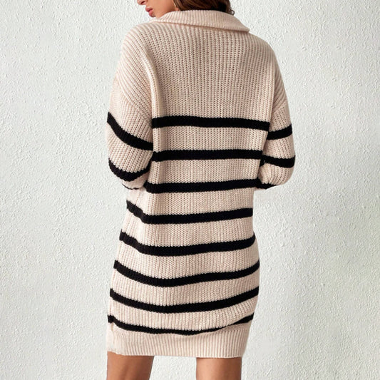 Amazon Cross-border Hot Sale Women's Knitted Dress Classic Striped Pullover Long Sleeve Half Zipper Autumn And Winter Bottoming Sweater Dress